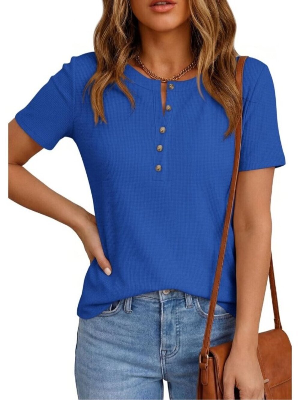 〽️Women's Blue Short Sleeve Henley Shirts Summer Blouses Dressy Casual